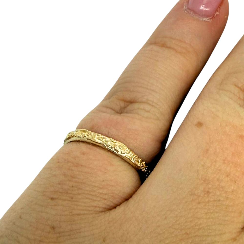 14K Solid Gold Floral Engraved Ring Vintage-Inspired Stackable