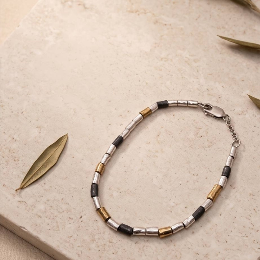 Handcrafted Mixed-Metal Israeli Beaded Bracelet – Sterling Silver, Oxidized Silver & Gold Plated Accent