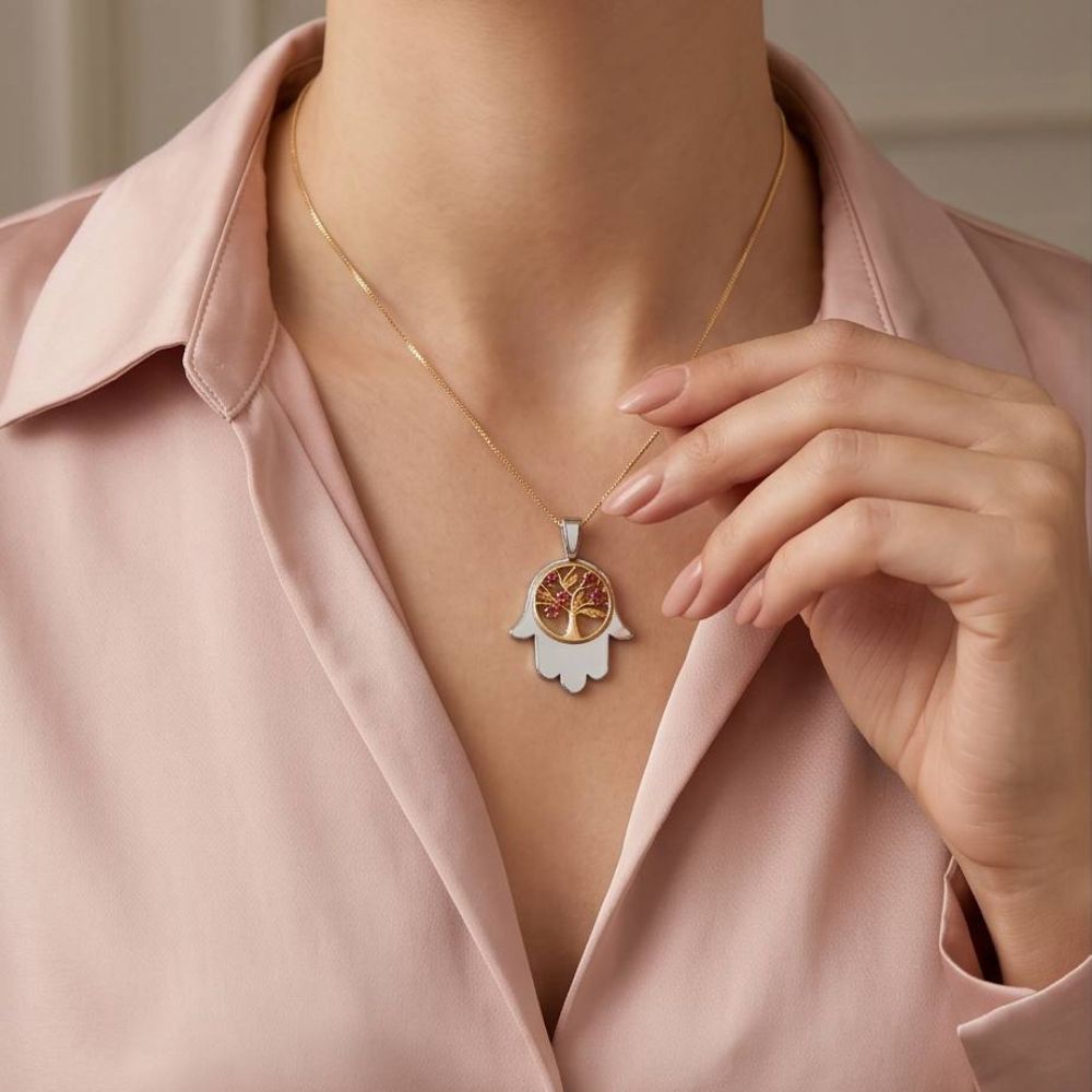Sterling Silver & Gold Hamsa Tree of Life Pendant Necklace with Genuine Rubies