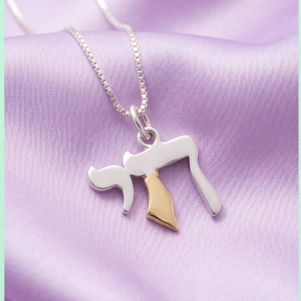 Sterling Silver & Gold Chai Pendant Necklace with Israel Map Accent