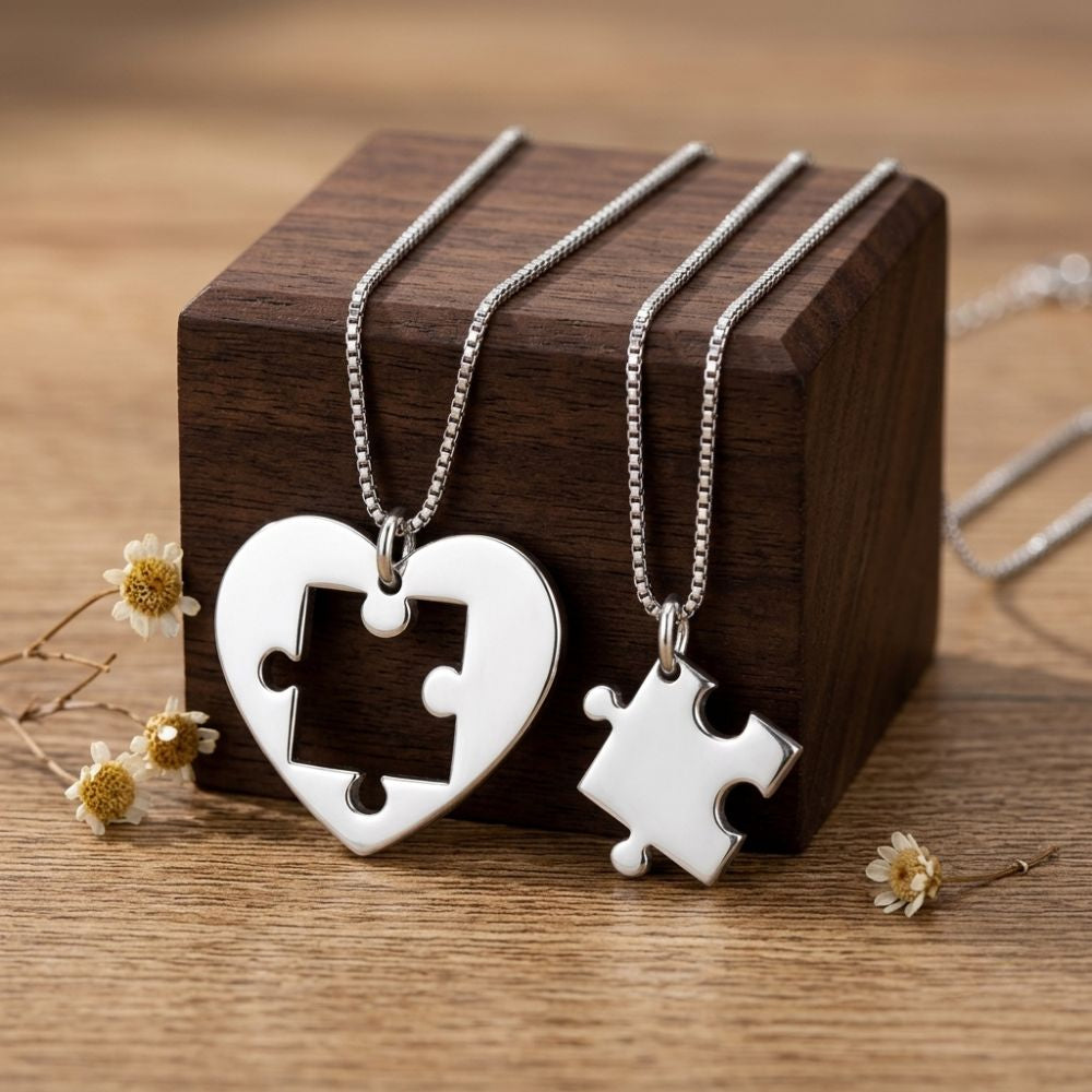 925 Sterling Silver Heart Puzzle Necklace Set – Matching Couple Pendant
