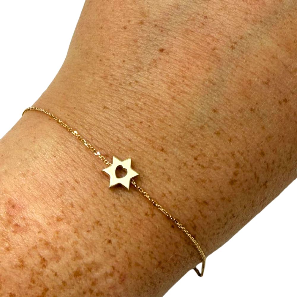 14K Yellow Gold Star of David Heart Bracelet