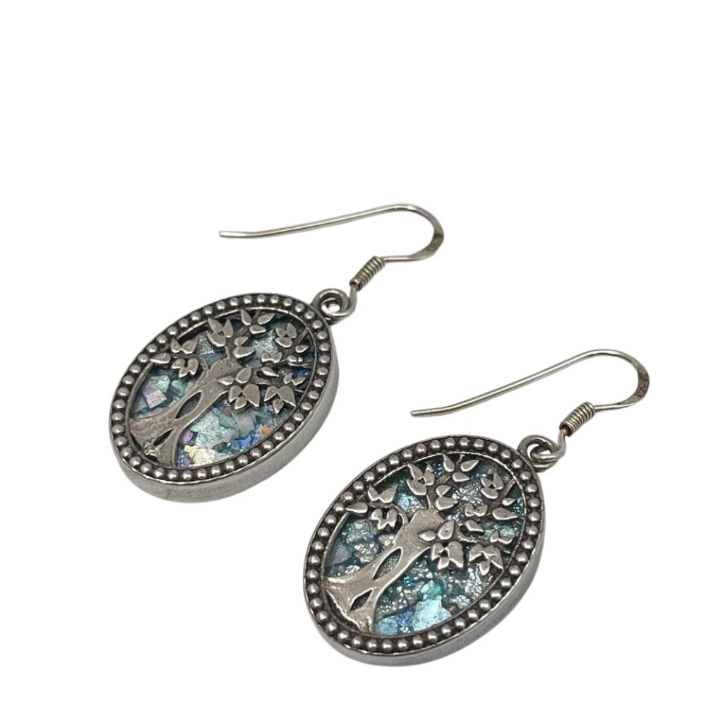 Oval Tree of Life Earrings with Roman Glass in Sterling Silver