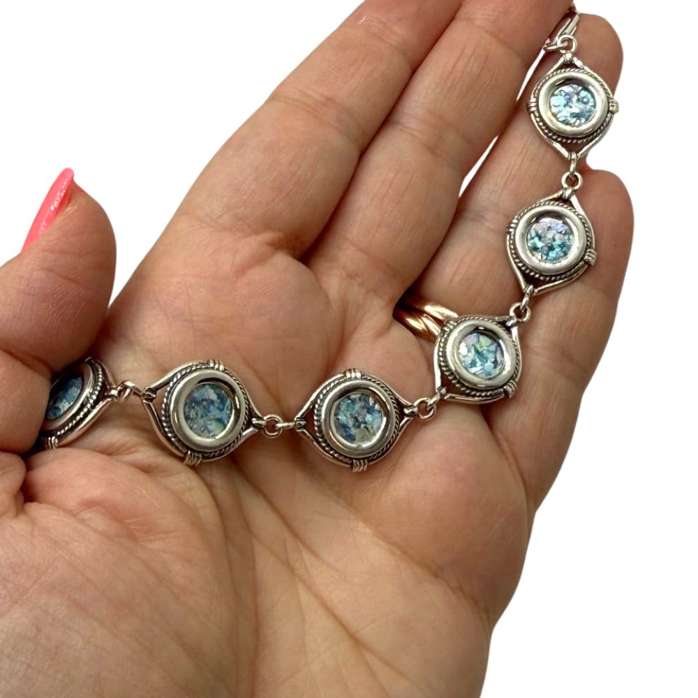 Sterling Silver Roman Glass Link Bracelet Round Station