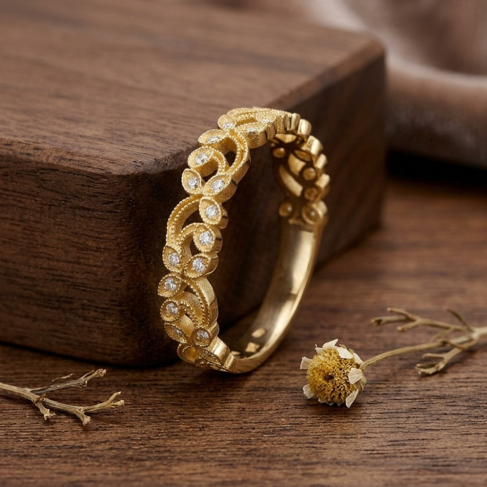 14K Gold Filigree Diamond Ring Floral Band