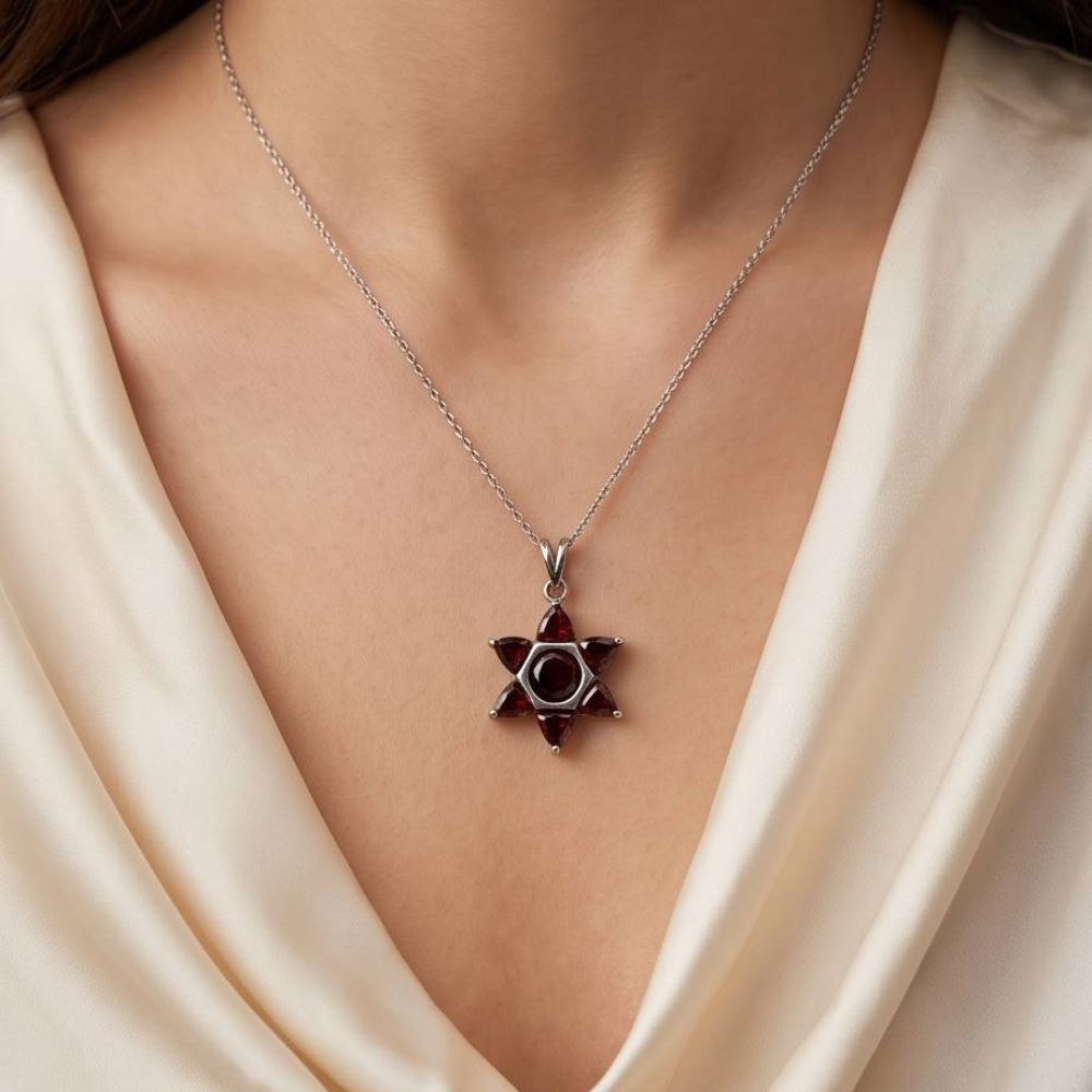 925 Sterling Silver Natural Garnet Star of David Pendant  Magen David Necklace