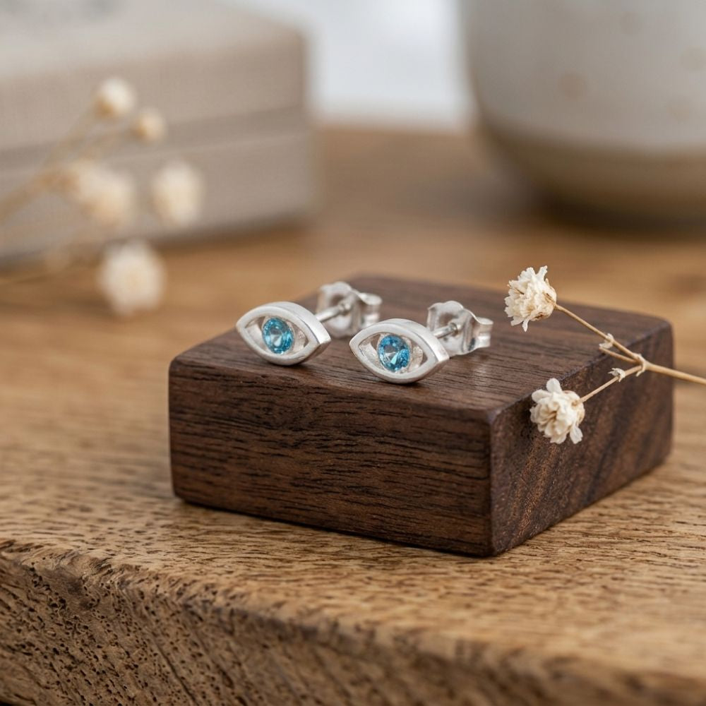 Sterling Silver Evil Eye Stud Earrings Swarovski Crystal Birthstone