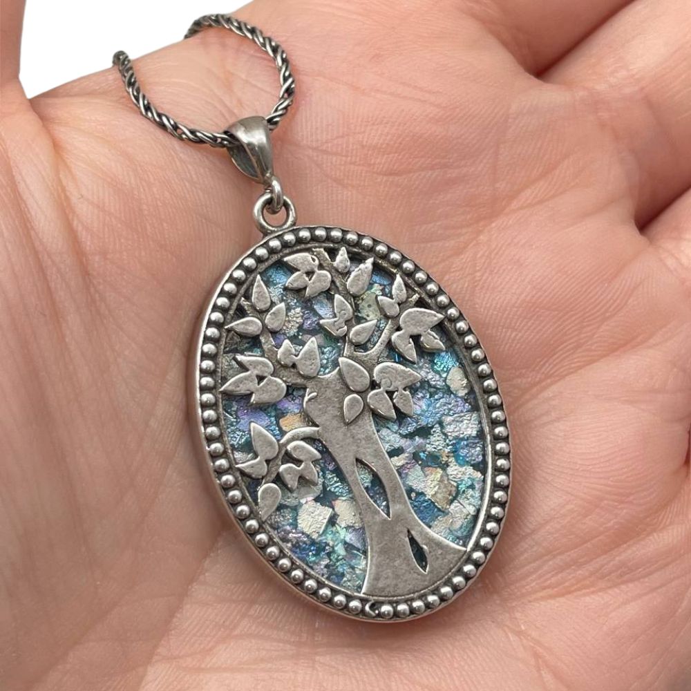 Tree of Life Necklace with Roman Glass in Sterling Silver Oval