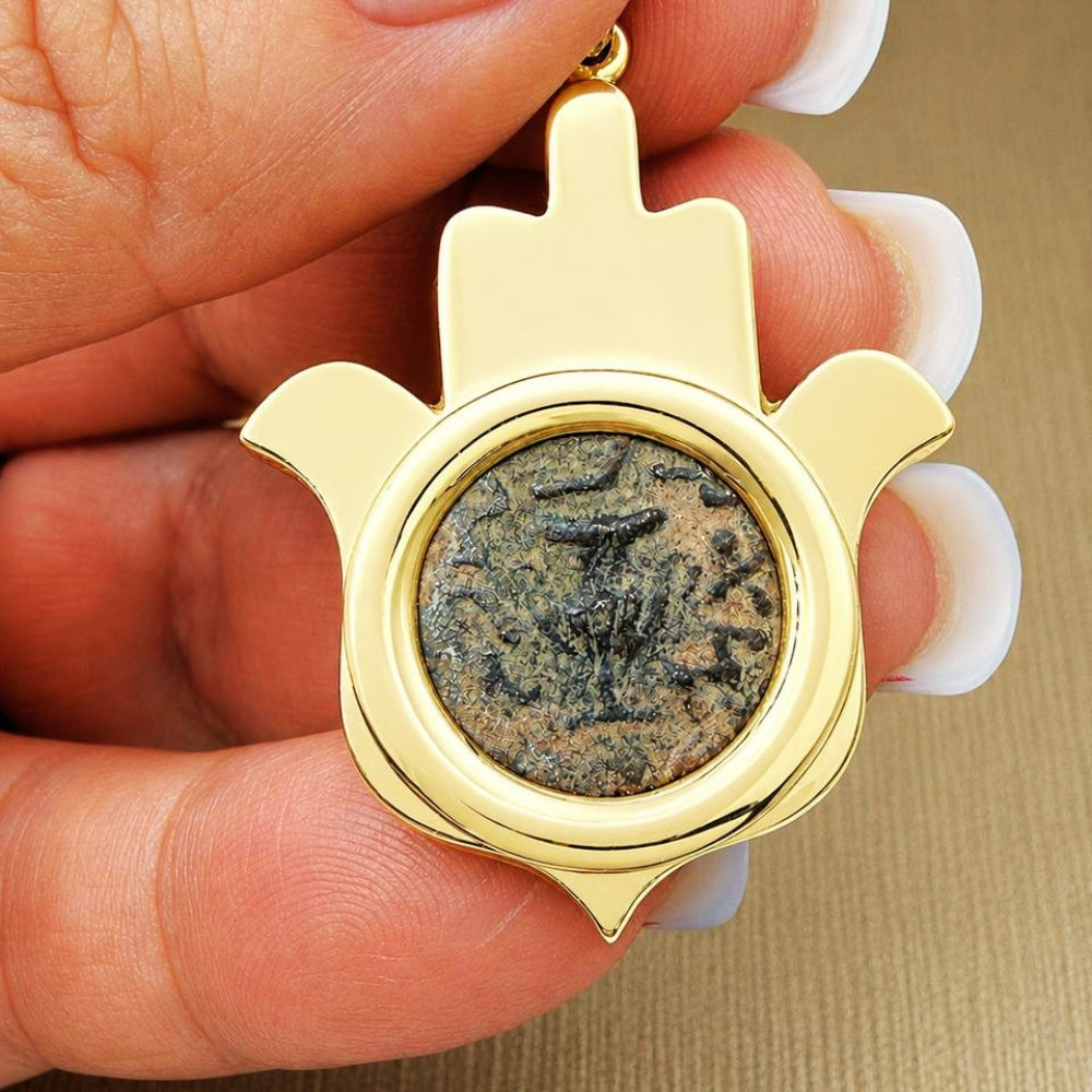 14k Gold Hamsa Pendant with Masada Coin