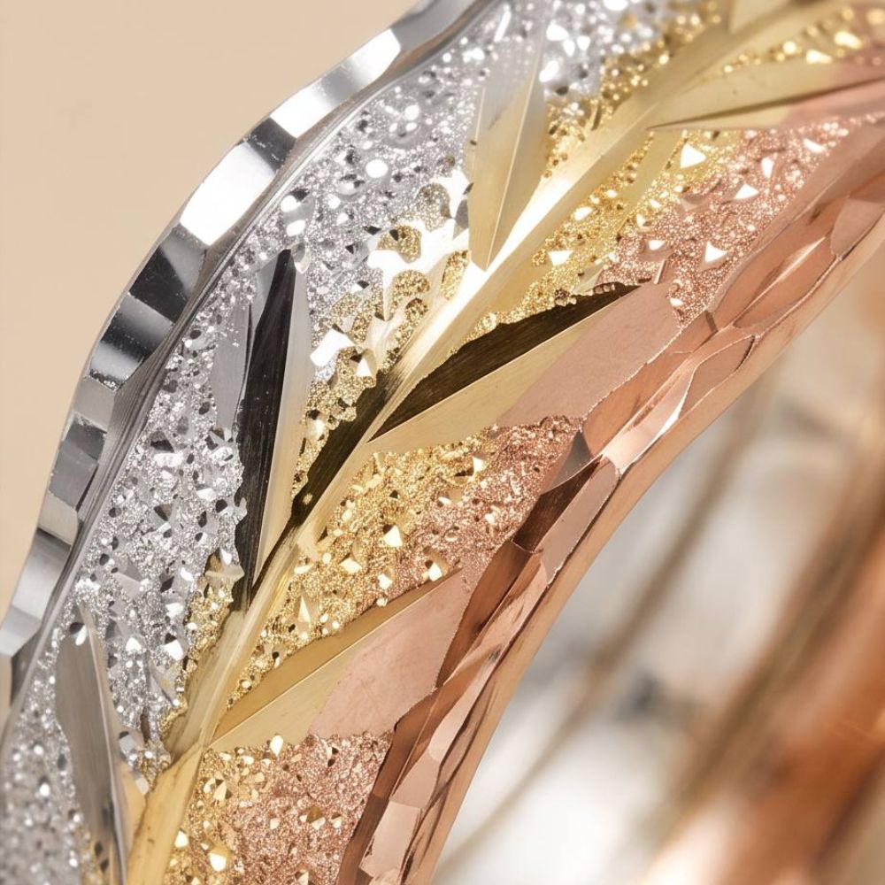 14K Tri-Color Gold Wedding Band Ring with Leaf-inspired Pattern