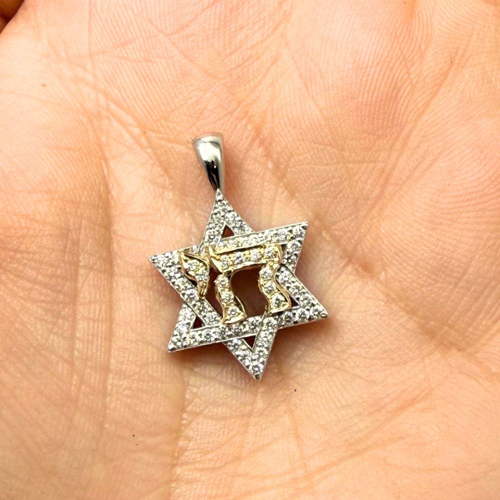 14K Two-Tone Gold Star of David & Chai Diamond Pendant