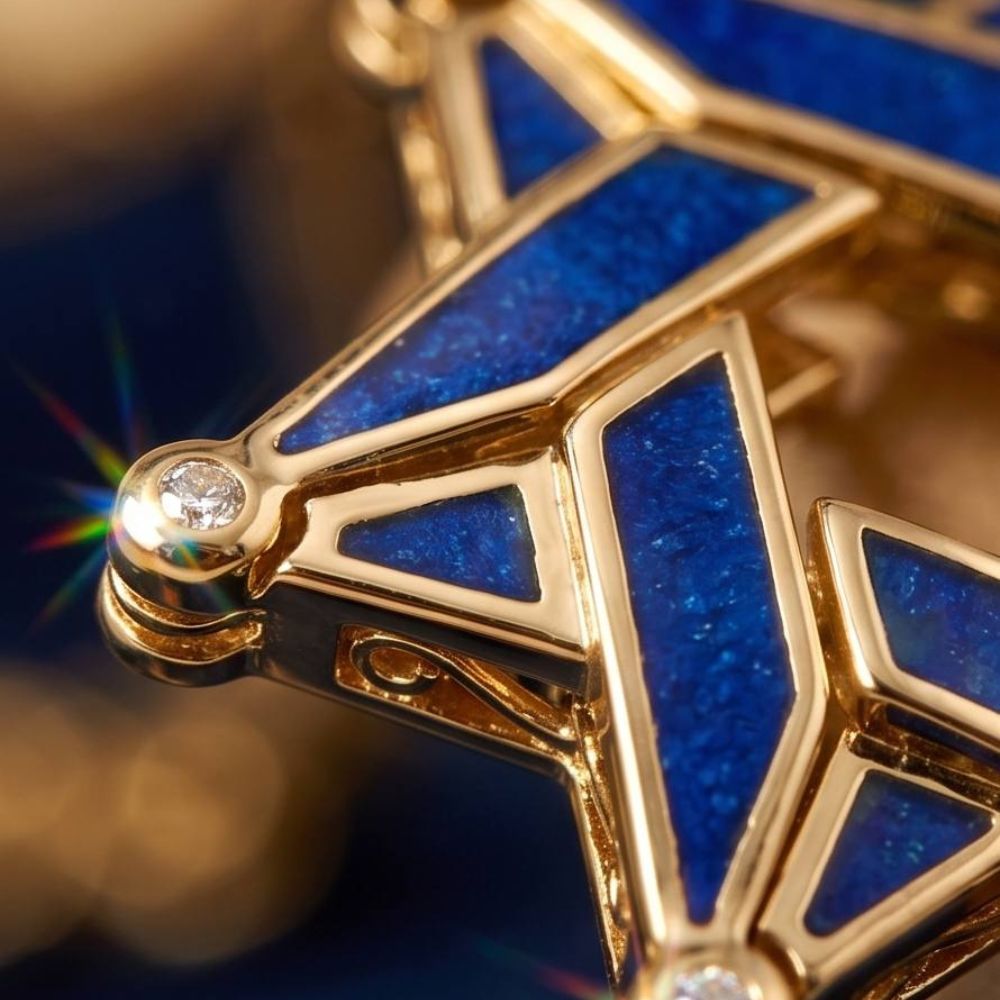 14K Gold Expandable Star of David Butterfly Necklace with Blue Enamel & Diamond