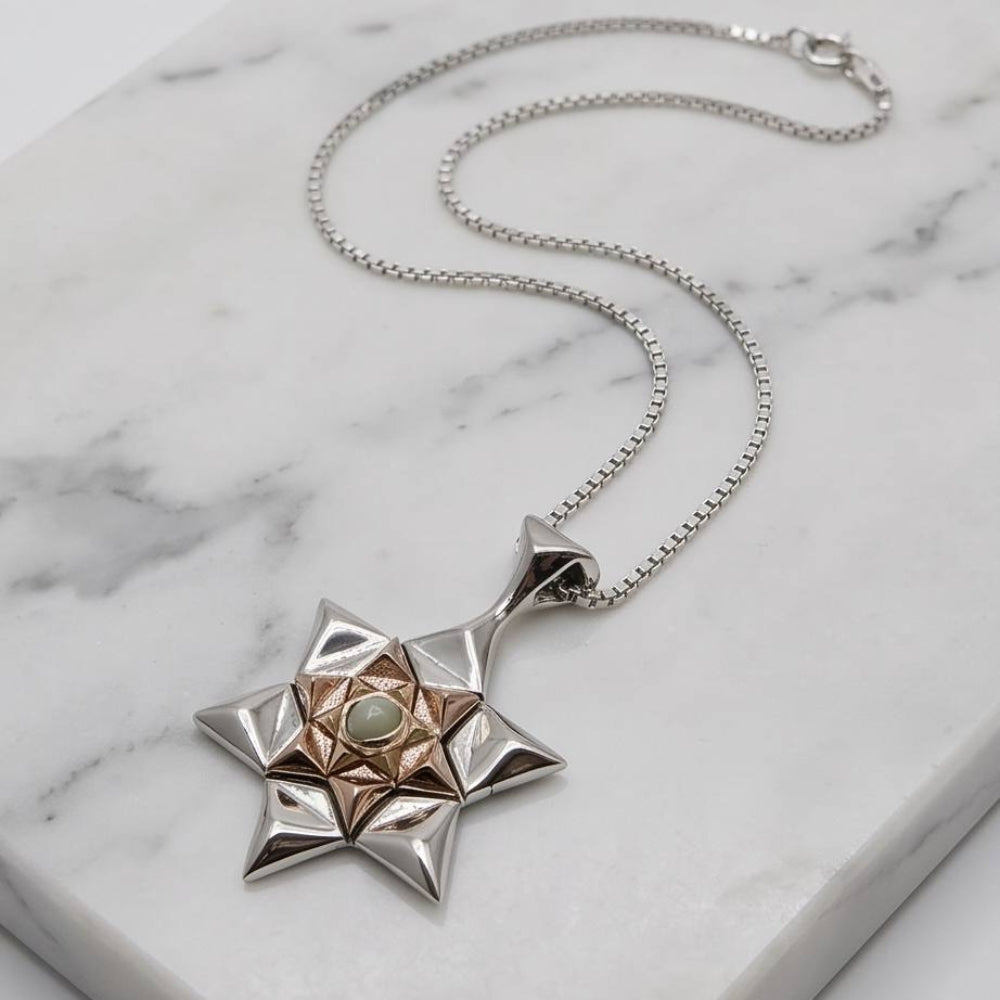 14K Gold and Silver Star of David with Chrysoberyl Kabbalah Pendant Chain Set