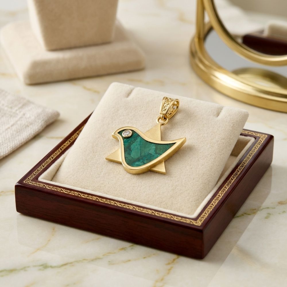 14K Gold Dove & Star of David Pendant with Natural Diamond & Eilat Stone