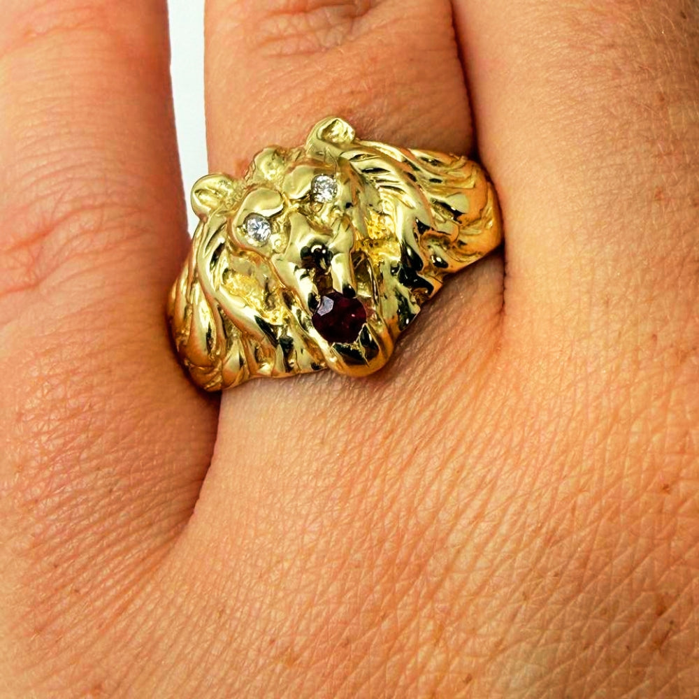 Diamond Lion of Judah Ruby Ring in 14k Yellow Gold