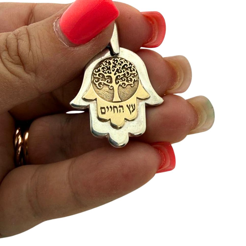 Sterling Silver & 9K Gold Hamsa Tree of Life Pendant Necklace