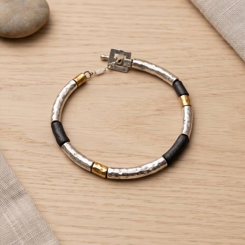 Lightweight Israeli Silver Bracelet – Oxidized Silver & Gold Plated Hammered Jewelry