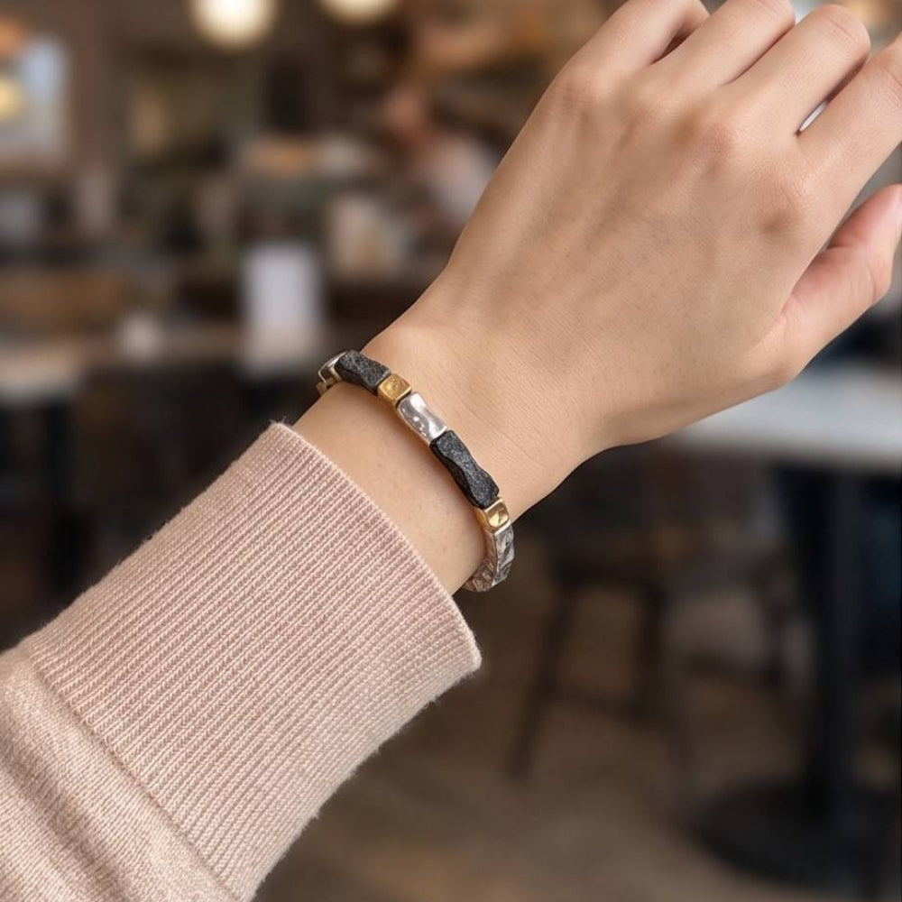 Handcrafted Israeli Mixed-Metal Bar Bracelet – Silver, Oxidized Silver & Gold Plated