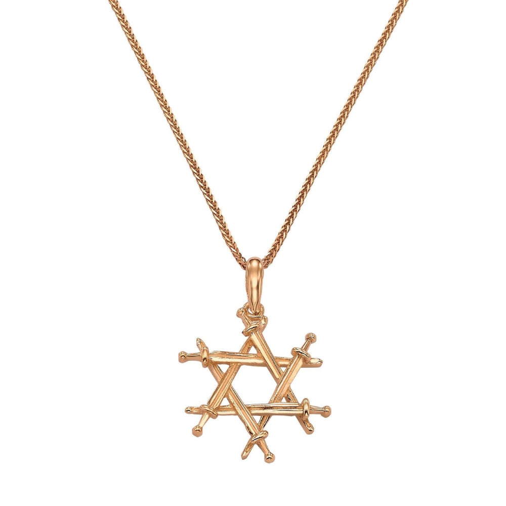 14K Solid Gold Iron Swords Star of David Pendant – Magen David Haravot Barzel Jewish Necklace