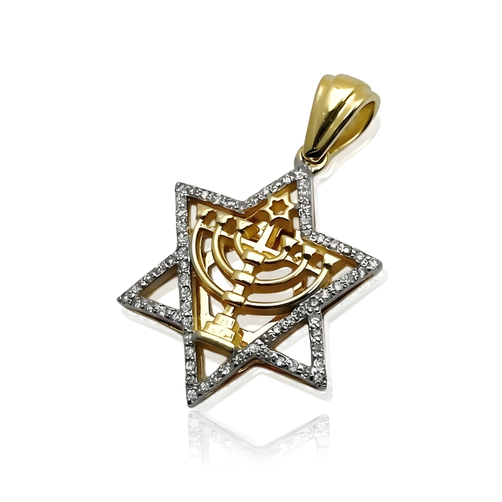 Diamond Studded Star of David Menorah Pendant in 14K Two Tone Gold - Large