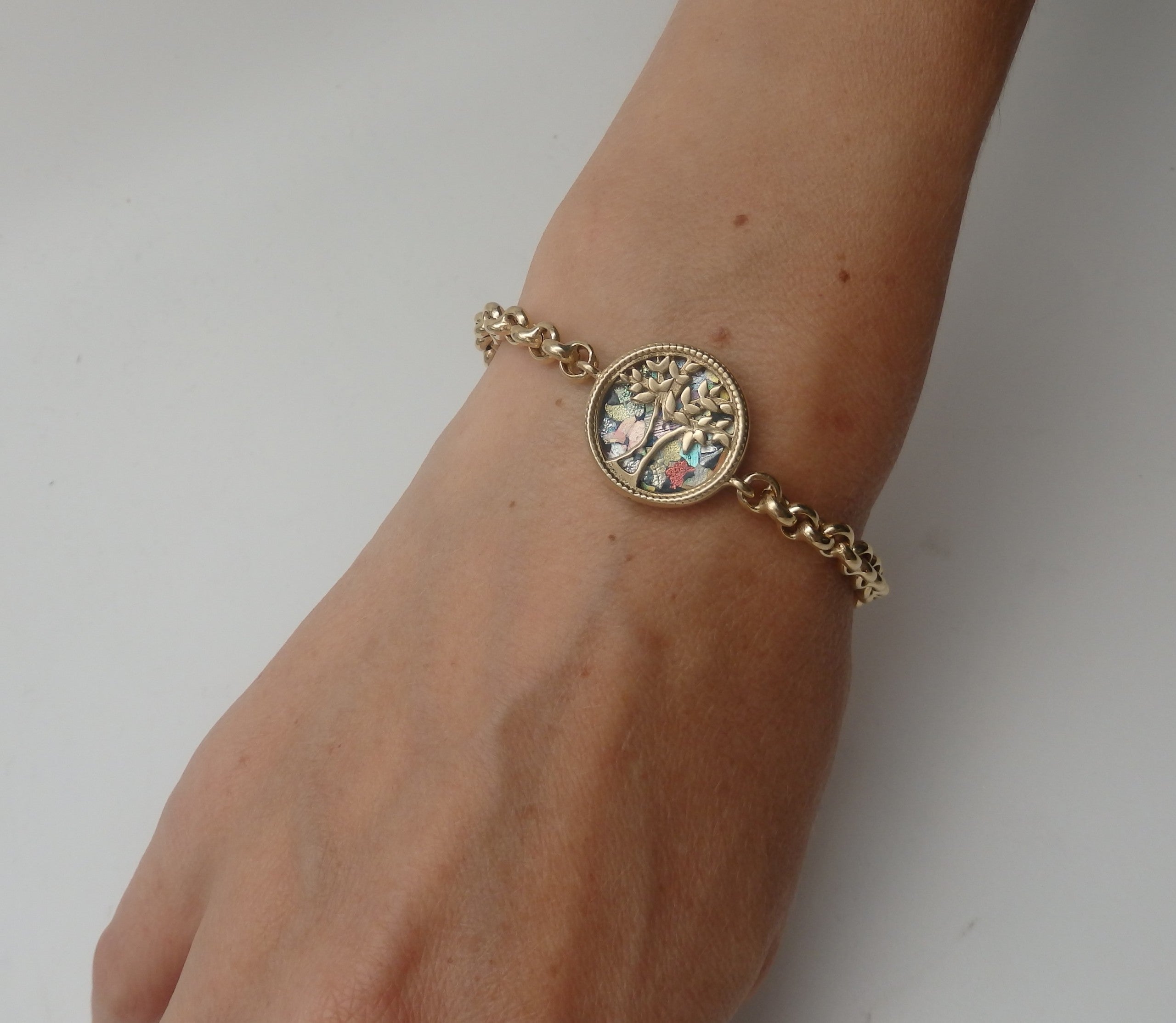14K Yellow Gold Tree of Life Bracelet with Roman Glass
