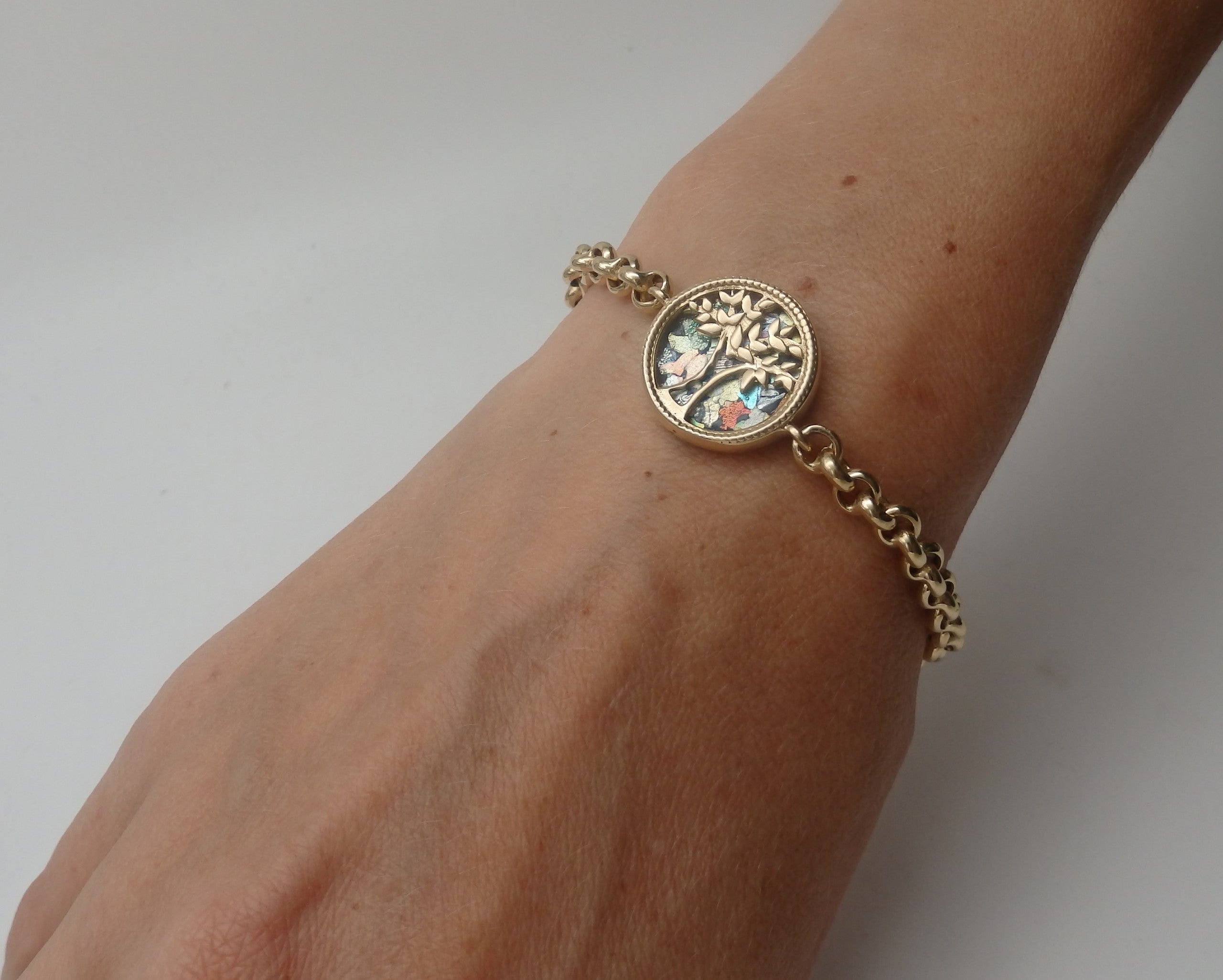 14K Yellow Gold Tree of Life Bracelet with Roman Glass