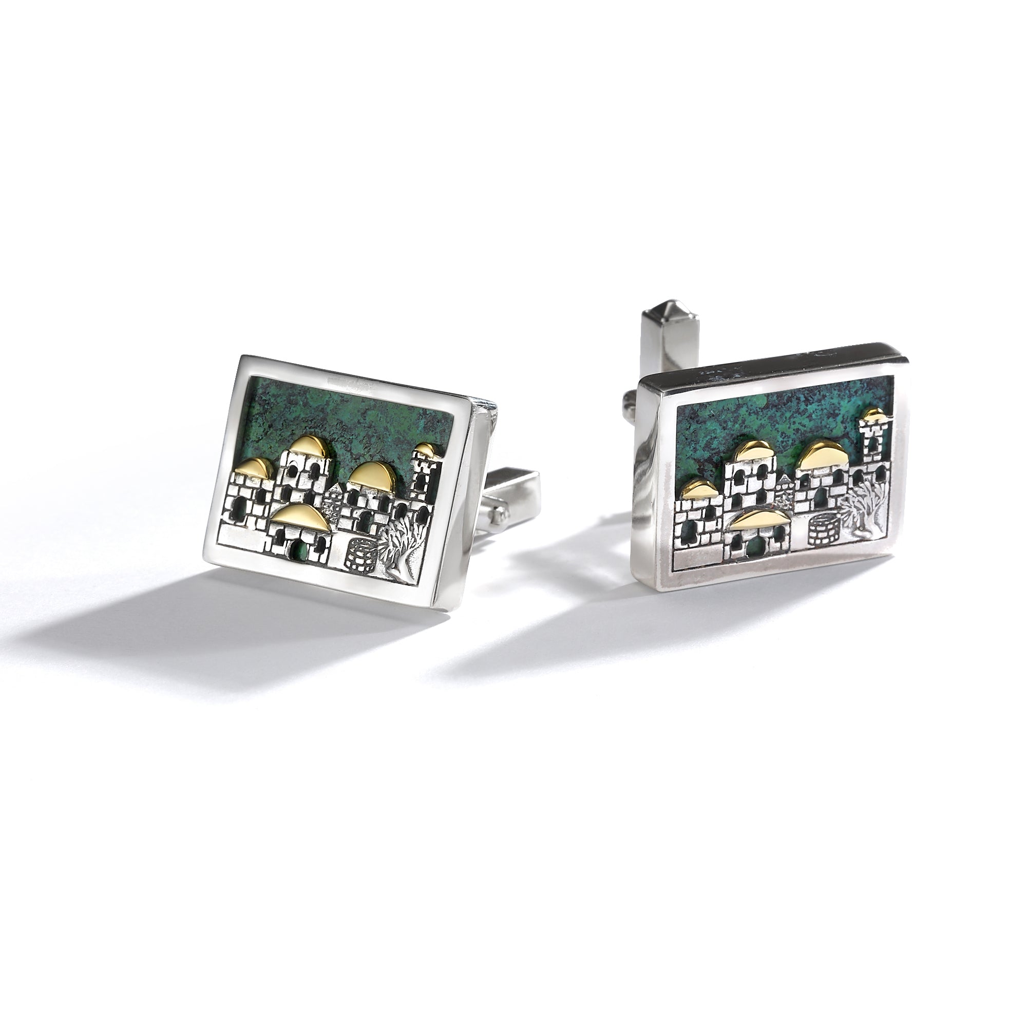 Jerusalem Skyline Cufflinks in Sterling Silver & Gold with Eilat Stone
