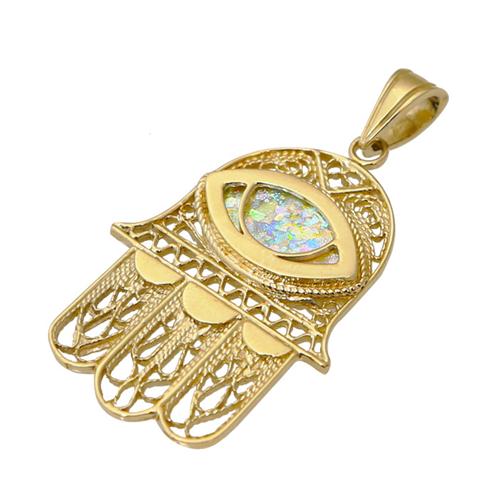 Hamsa and Evil Eye Roman Glass Pendant in 14k Gold Filigree