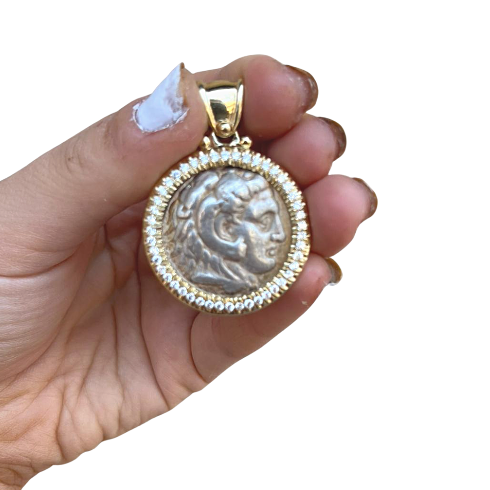 Diamond Alexander Ancient Coin 14k Yellow Gold Pendant