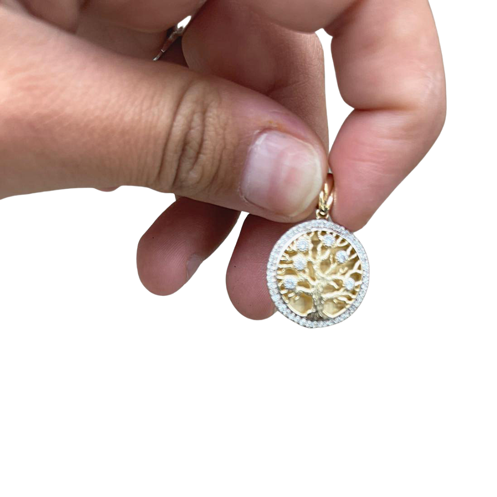 14K Yellow Gold Diamond-Studded Tree of Life Round Large Pendant