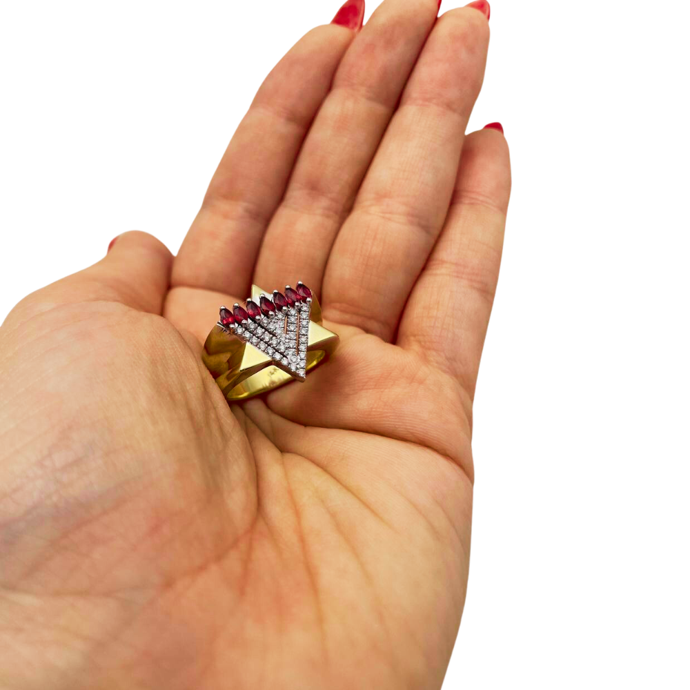 Menorah Star of David Ring - 14K Gold, Diamonds and Rubies