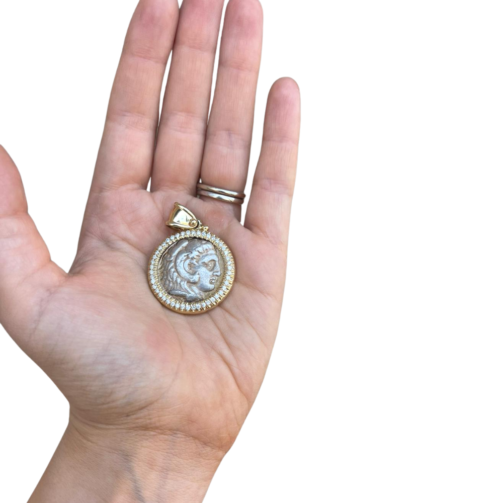 Diamond Alexander Ancient Coin 14k Yellow Gold Pendant