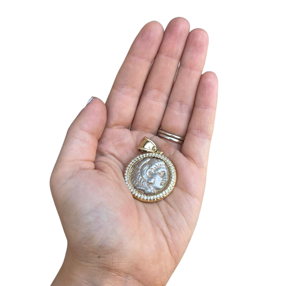 Diamond Alexander Ancient Coin 14k Yellow Gold Pendant