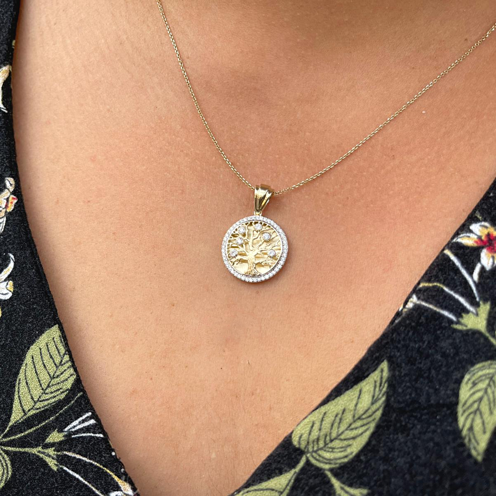 14K Yellow Gold Diamond-Studded Tree of Life Round Large Pendant