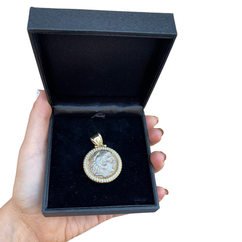 Diamond Alexander Ancient Coin 14k Yellow Gold Pendant