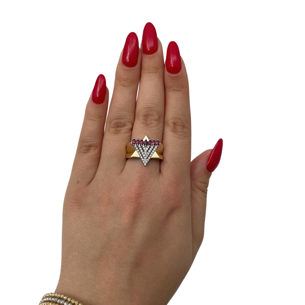 Menorah Star of David Ring - 14K Gold, Diamonds and Rubies