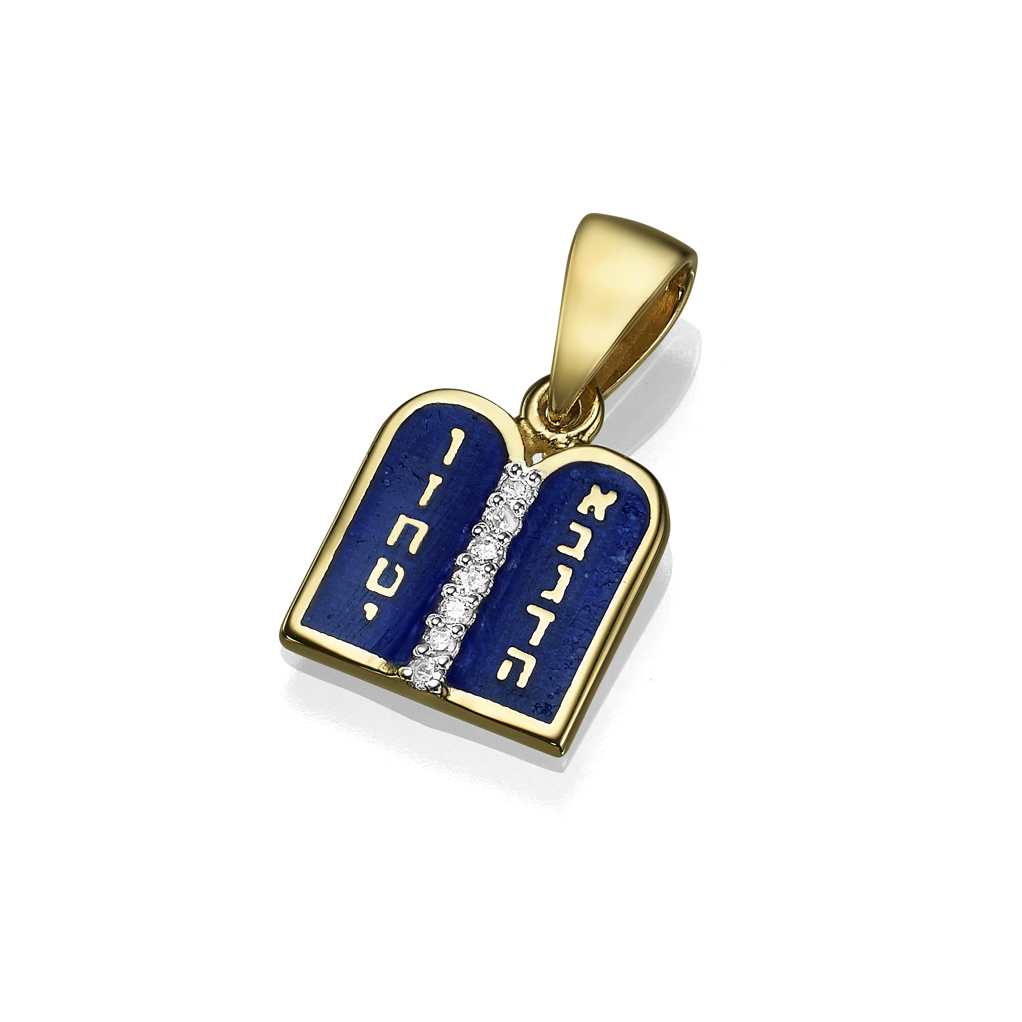 Ten Commandments Pendant - 14K Yellow Gold and Blue Enamel Diamond-Studded