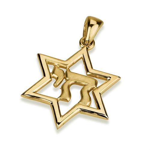 14K Gold Chai Star of David Pendant