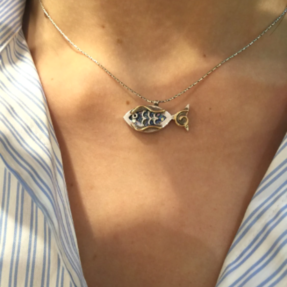 Fish Pendant in Sterling Silver Roman Glass