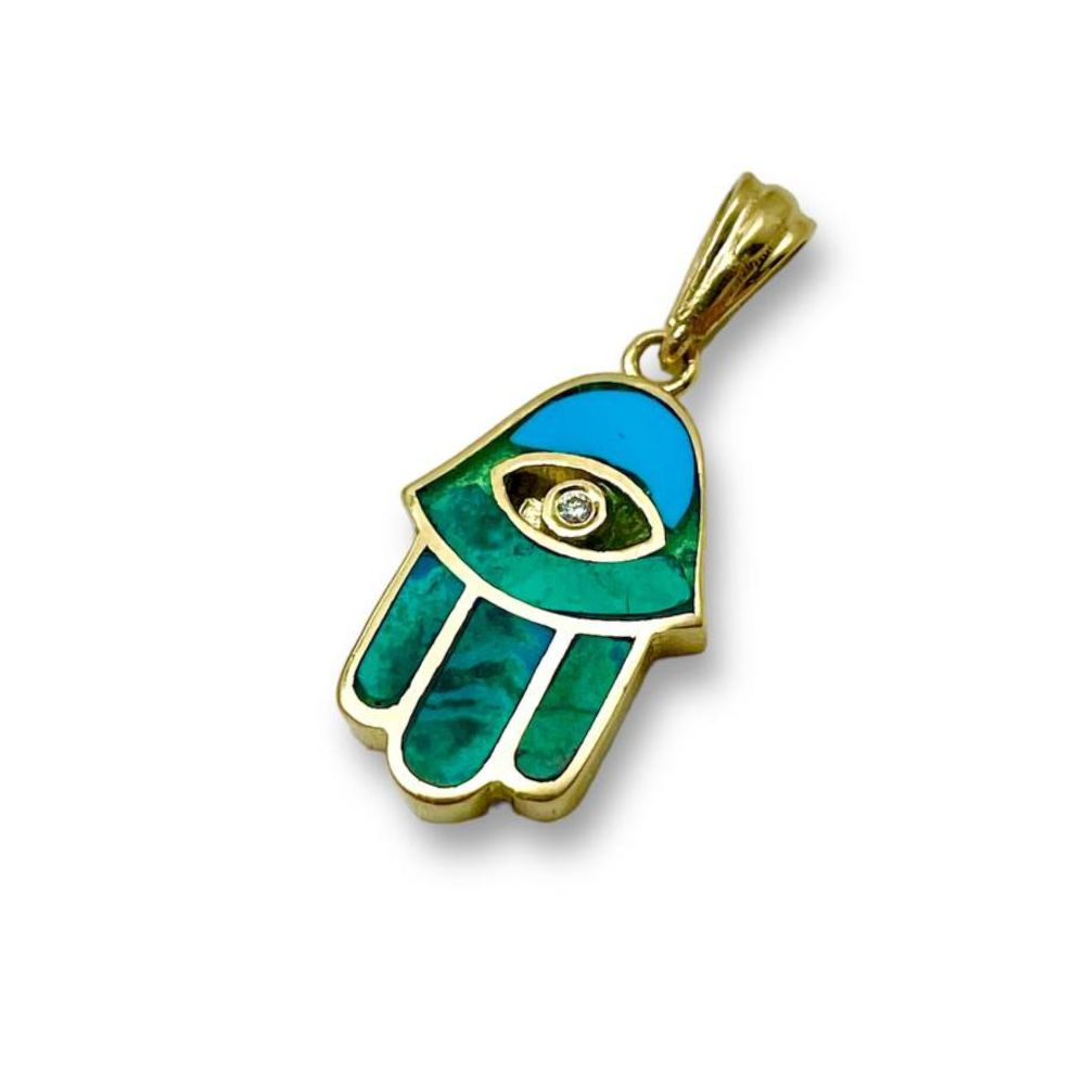 Hamsa Protection Pendant in 14K Gold with Diamond & Eilat