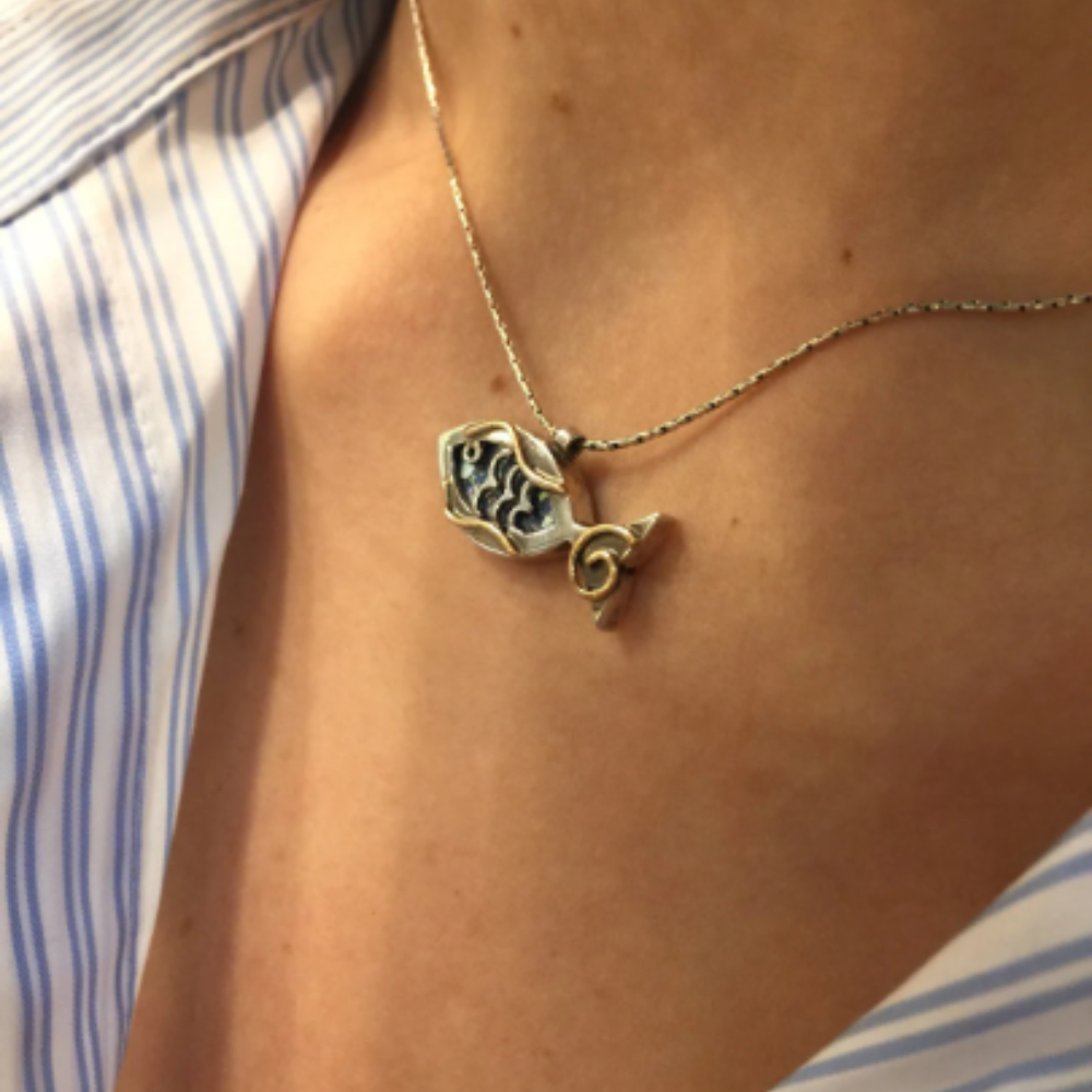 Fish Pendant in Sterling Silver Roman Glass