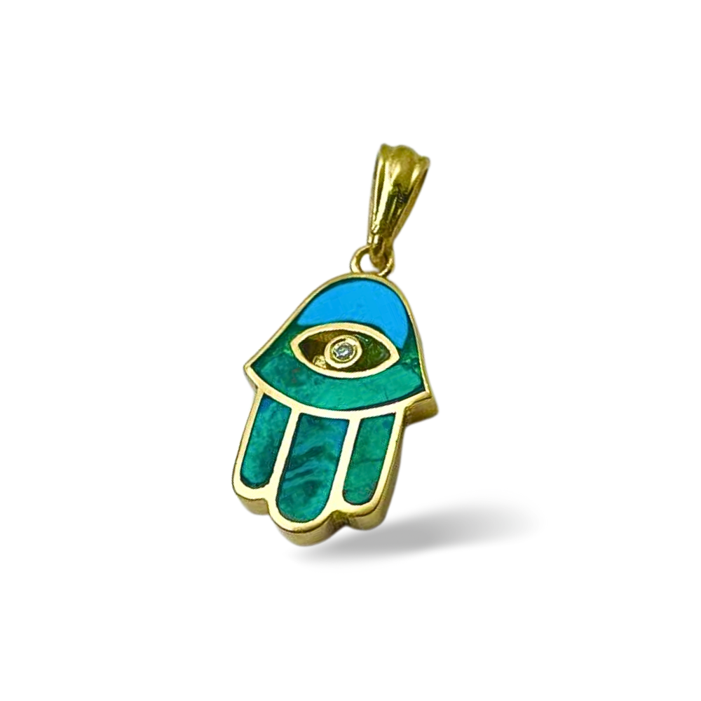 Hamsa Protection Pendant in 14K Gold with Diamond & Eilat
