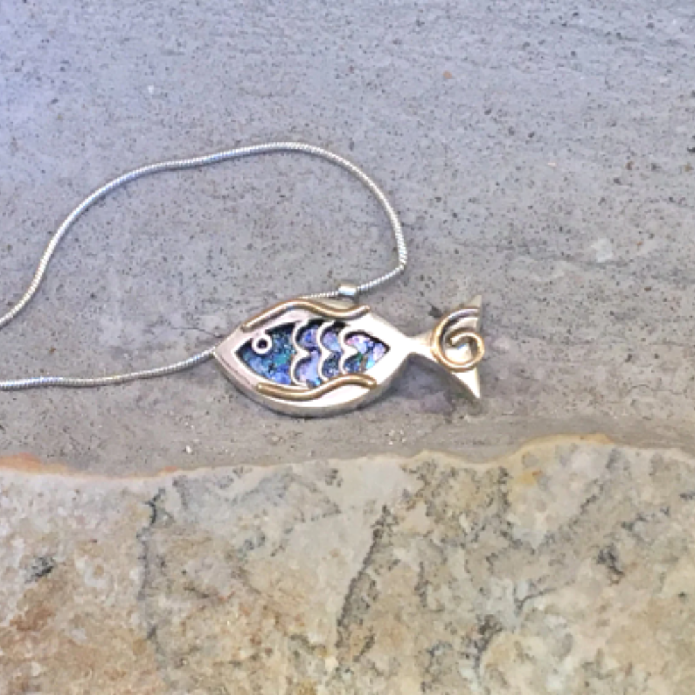 Fish Pendant in Sterling Silver Roman Glass