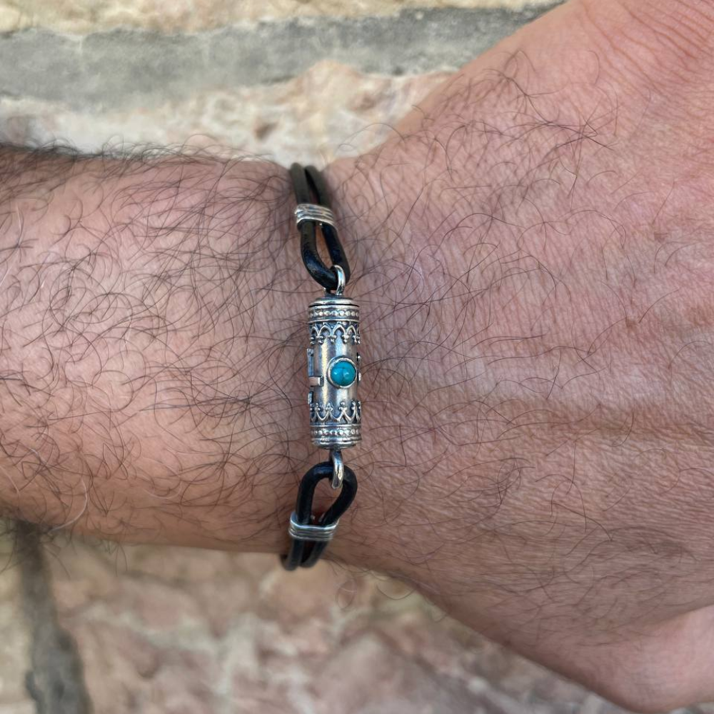 Kabbalah Silver Bracelet with Turquoise Hebrew Book of Psalms