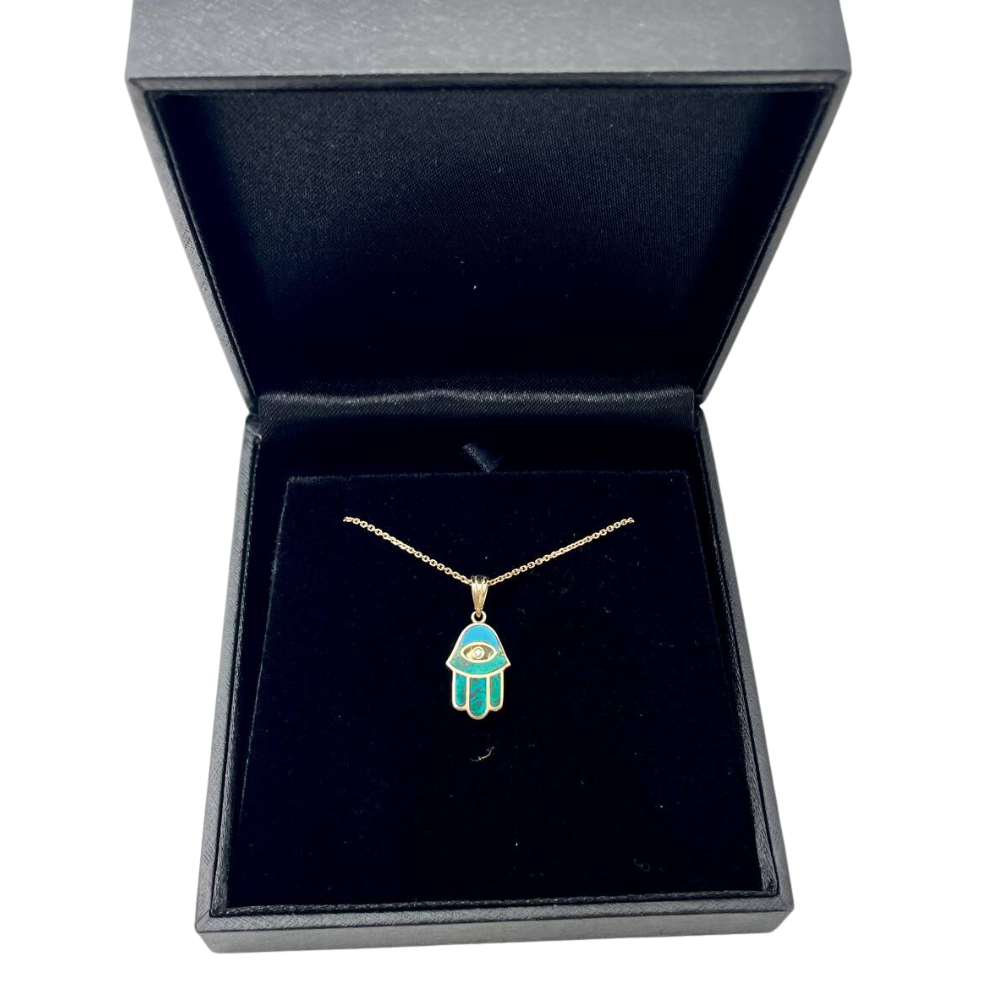 Hamsa Protection Pendant in 14K Gold with Diamond & Eilat