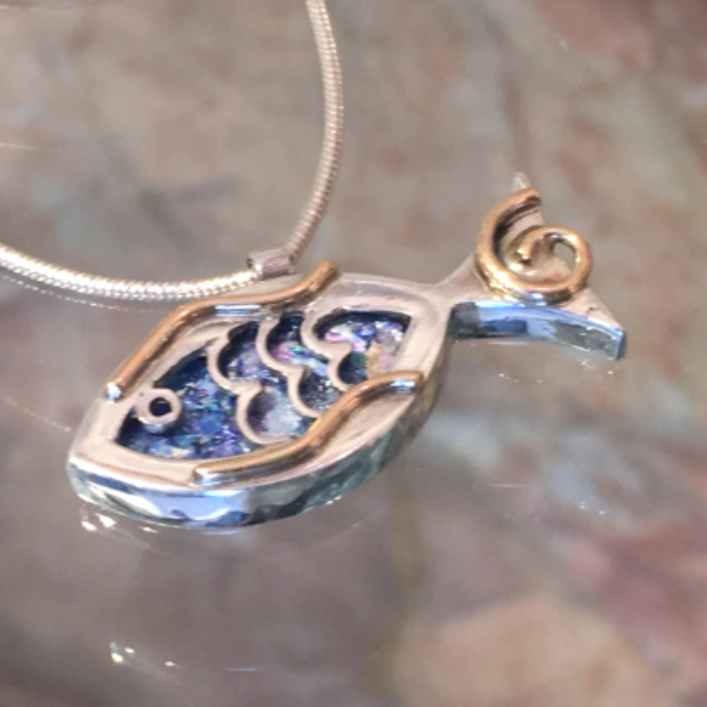Fish Pendant in Sterling Silver Roman Glass
