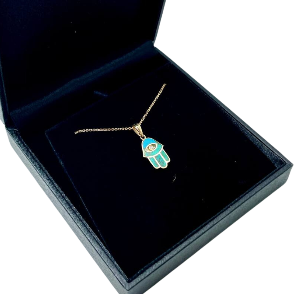 Hamsa Protection Pendant in 14K Gold with Diamond & Eilat