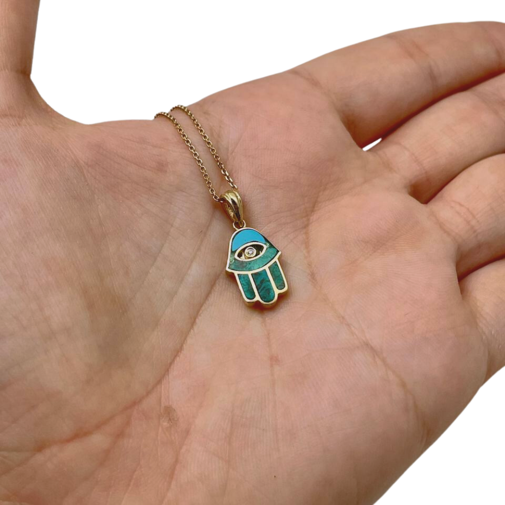 Hamsa Protection Pendant in 14K Gold with Diamond & Eilat