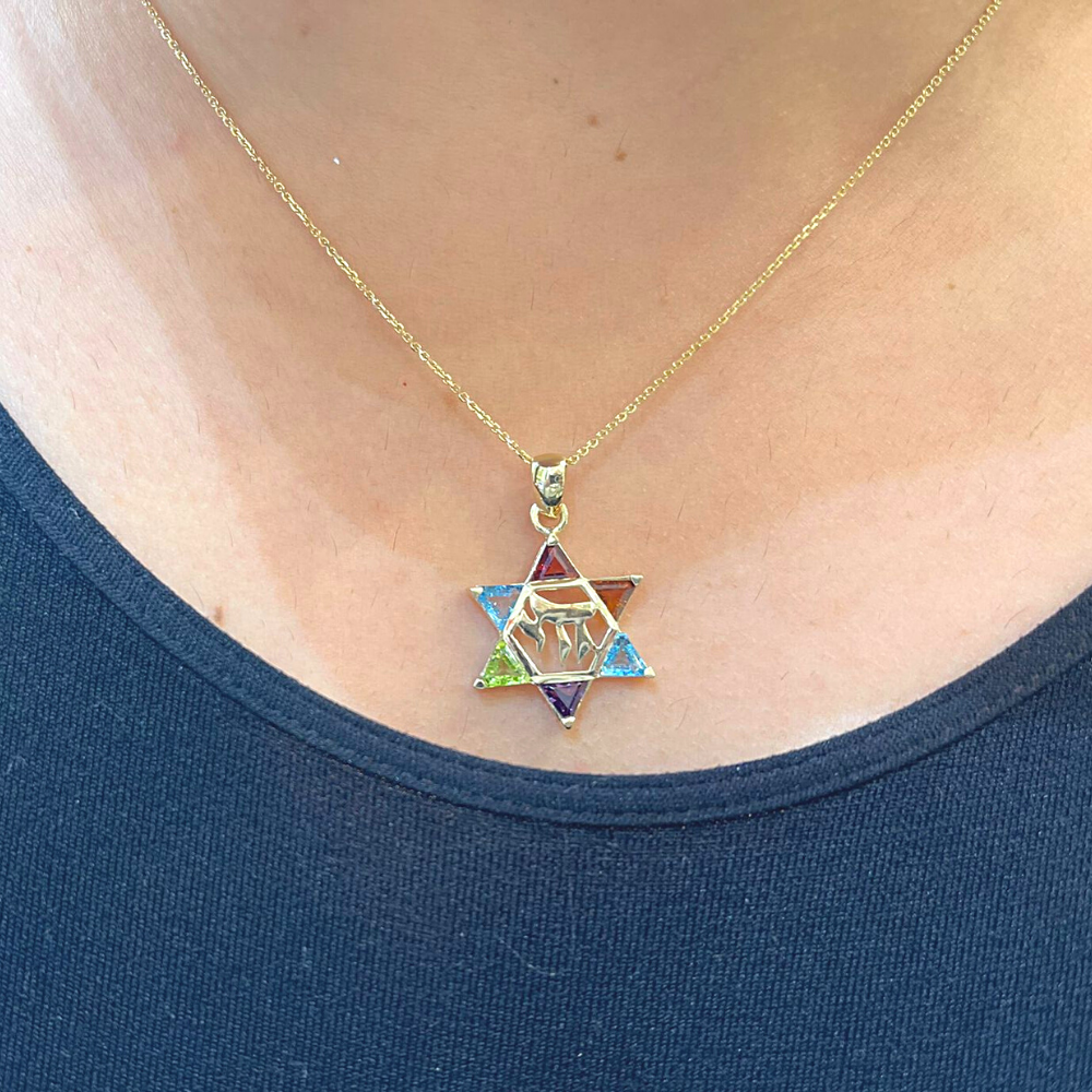 14k Gold Star of David Chai Multicolored Stone Pendant
