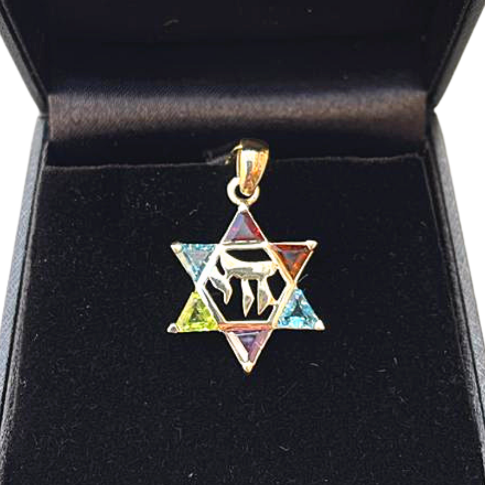 14k Gold Star of David Chai Multicolored Stone Pendant